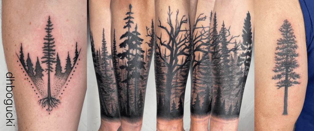 Pine tree, forest, black and grey tattoos