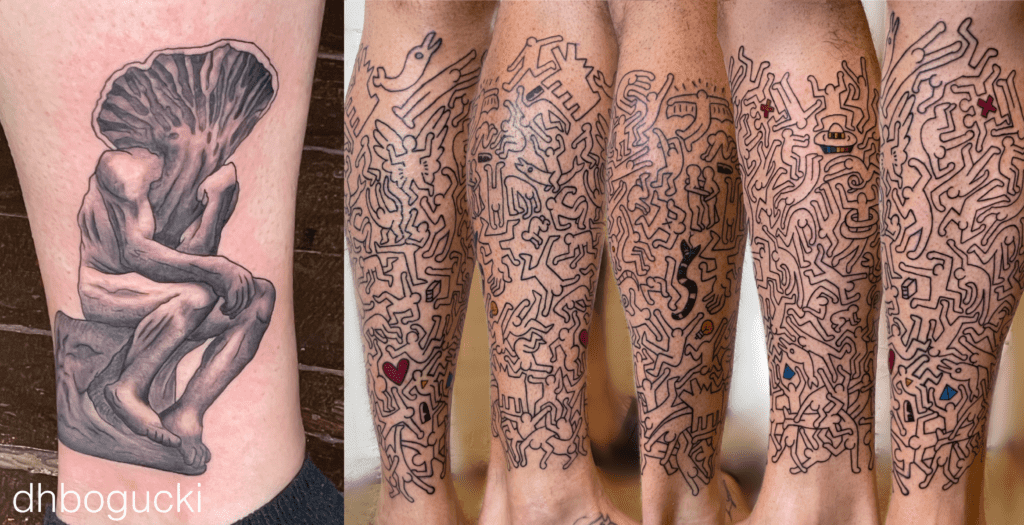 Keith Haring style leg sleeve, and mushroom man thinker black and grey, bng tattoo.