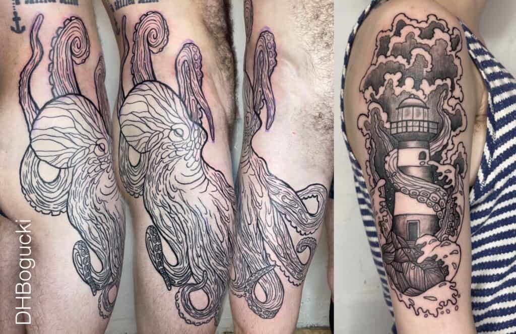 Octopus tattoo on hip. Blackwork Seashore tattoo with waves, tentacles, and lighthouse.