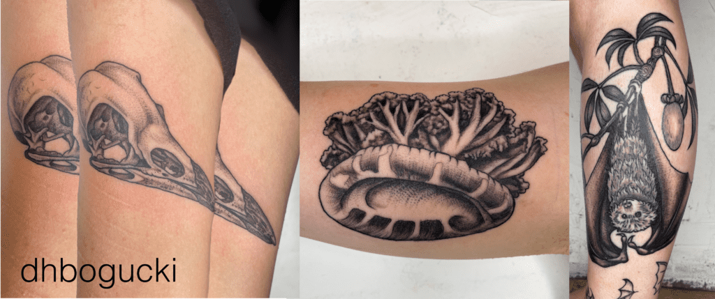 Crow skull, jelly fish, and bat black and grey tattoos