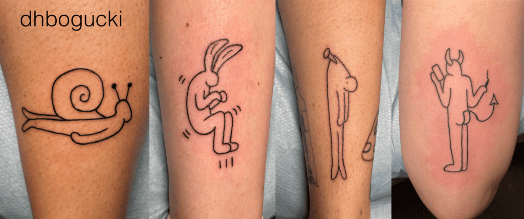 Bunny, snail person, devil, keith haring style, pop art, simple tattoo