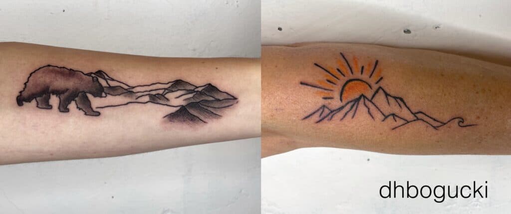 Mountains tatattoo with a bear, and mountain tattoo with sun rise.