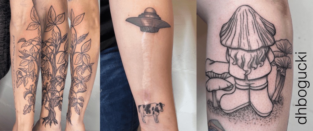 Tomato plant with poison ivy; ufo picking up a cow, and mushroom gnome black and grey tattoos.