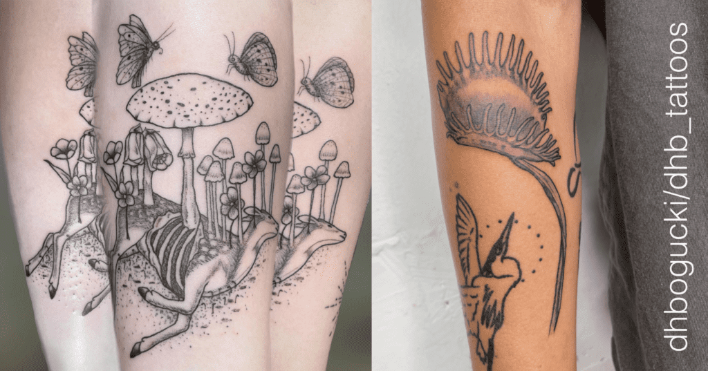 Nature tattoo with deer, and mushrooms. Black and gray venus flytrap tattoo.