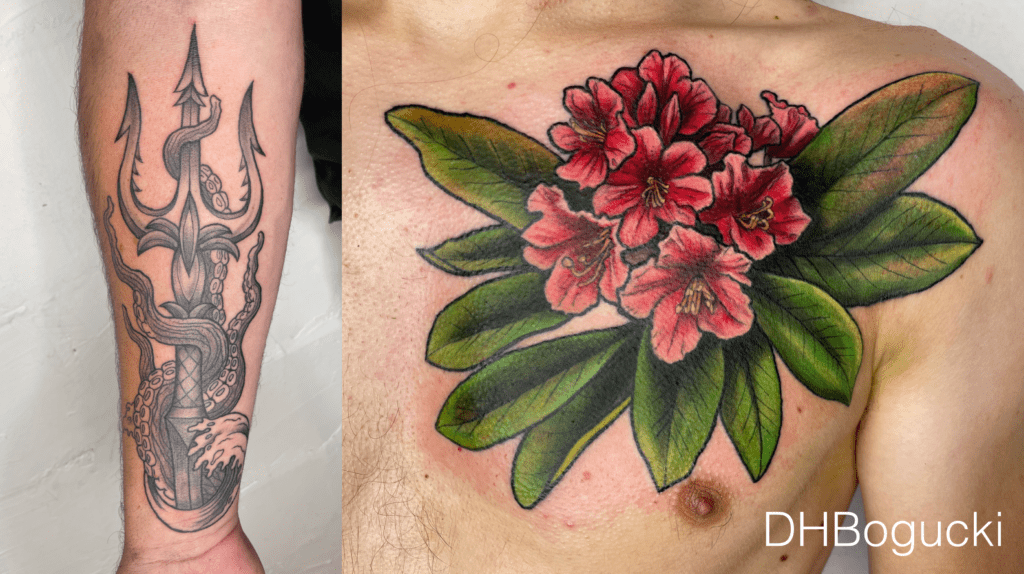 Neo traditional, color rhodedendron, and trident with tentacles and waves tattoo.