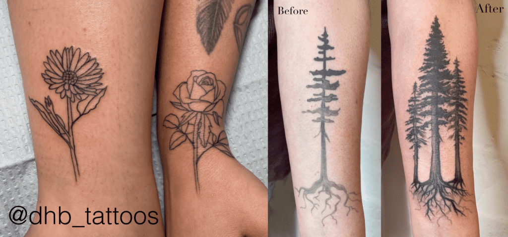 Fineline rose, and daisy friendship tattoos. Pine tree cover up tattoo.
