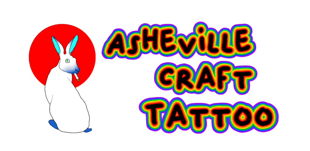 Asheville Craft Tattoo logo, Rabbit smoking a cigarette with a red circle around his head, and the words have a rainbow around every letter.